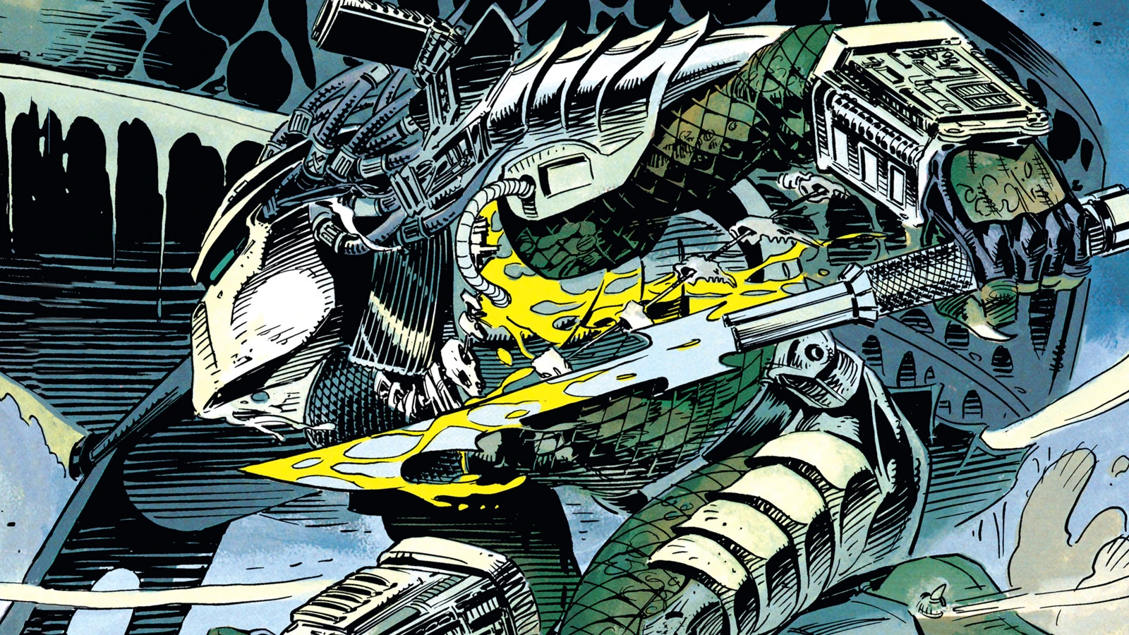 The See-through Slasher Predator lunging forward with a bloodied blade in his armored arm in Batman vs. Predator