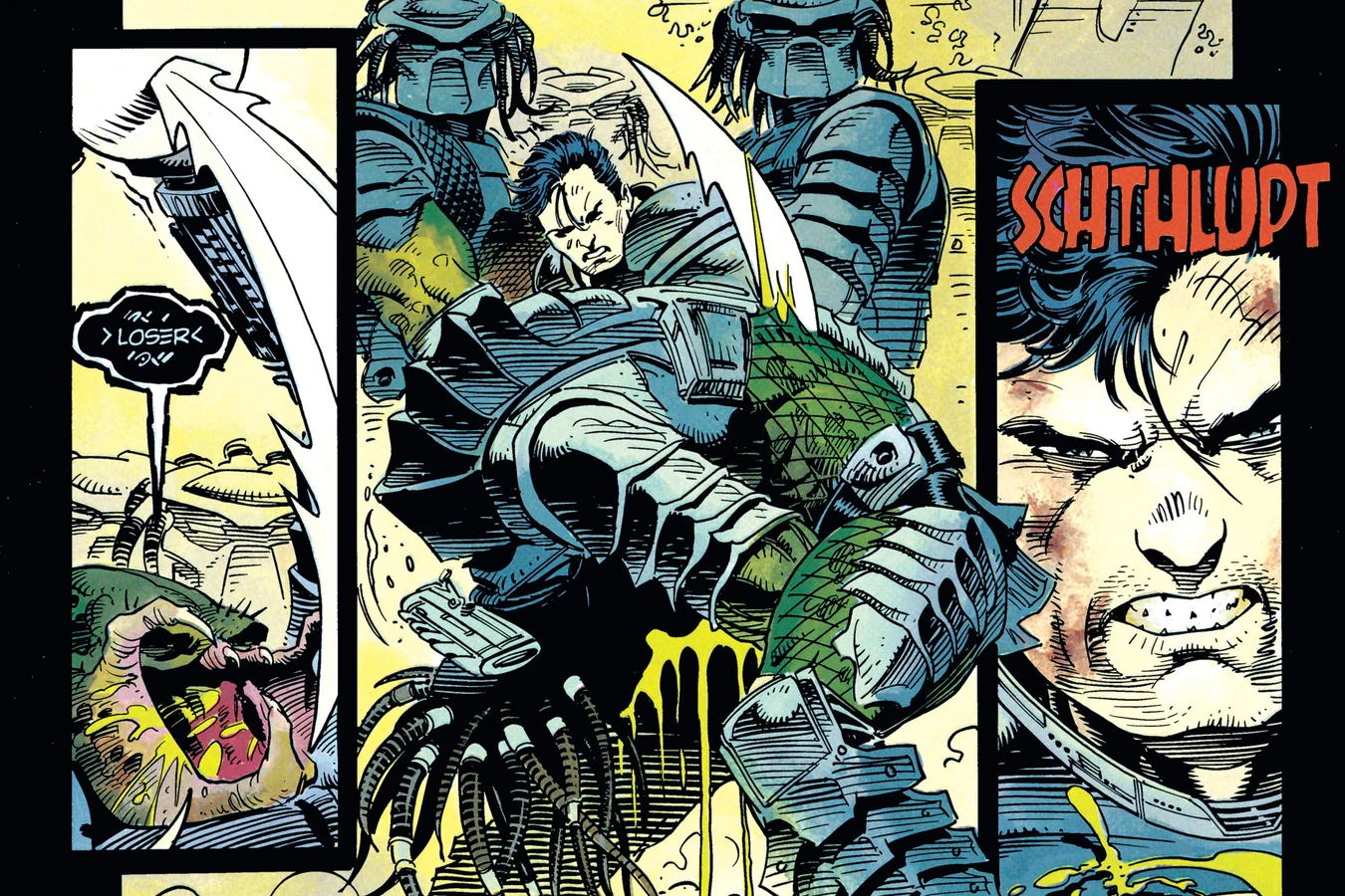 The See-through Slasher driving a curved blade into his own body as two hunters of his clan watch and Bruce Wayne grimaces in Batman vs. Predator