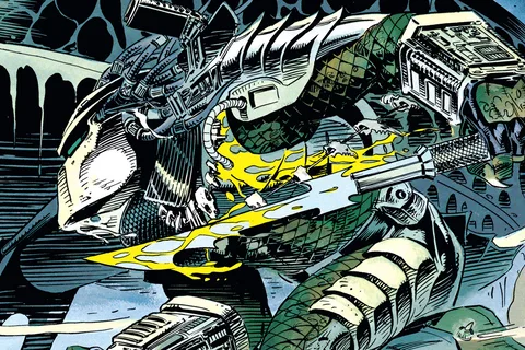 The See-through Slasher Predator lunging forward with a bloodied blade in his armored arm in Batman vs. Predator