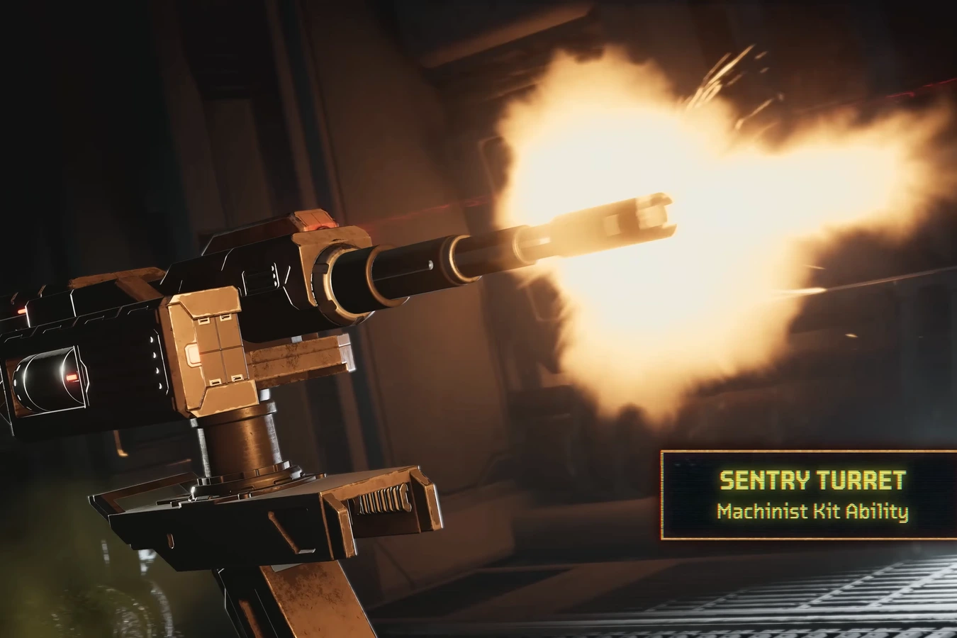Machinist Sentry Turret firing in a dark corridor in Aliens Fireteam Elite 2