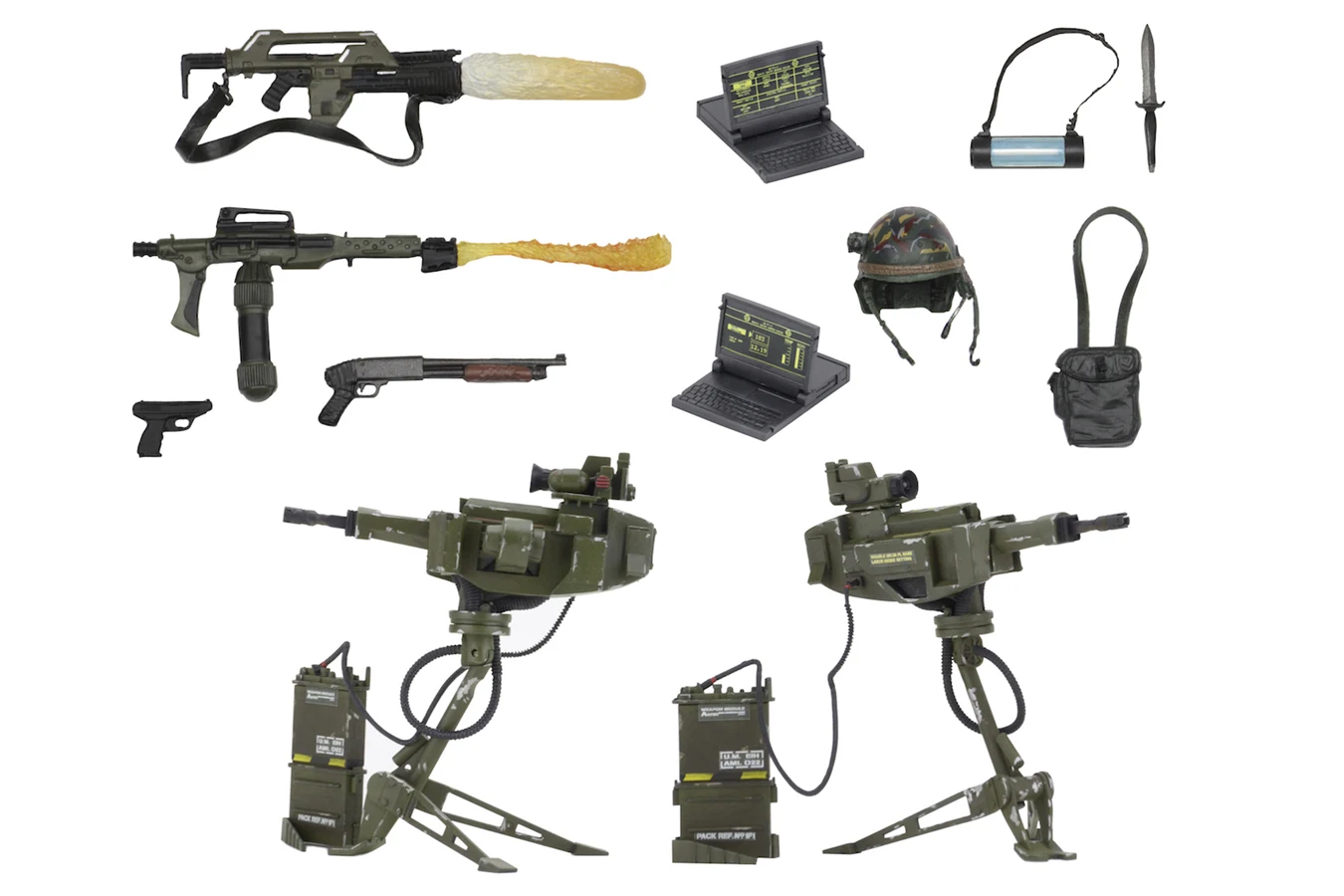 NECA 7-inch USCM Arsenal Weapons Pack with two UA 571-C sentry guns, laptops, pulse rifle, and flamethrower