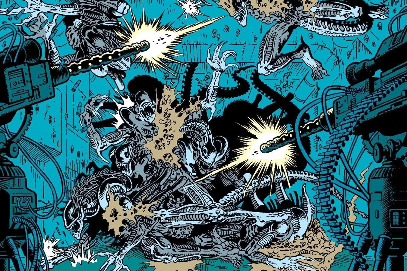 Two UA 571-C sentry guns tearing through Warriors in a Hadley's Hope corridor in Aliens: Newt's Tale