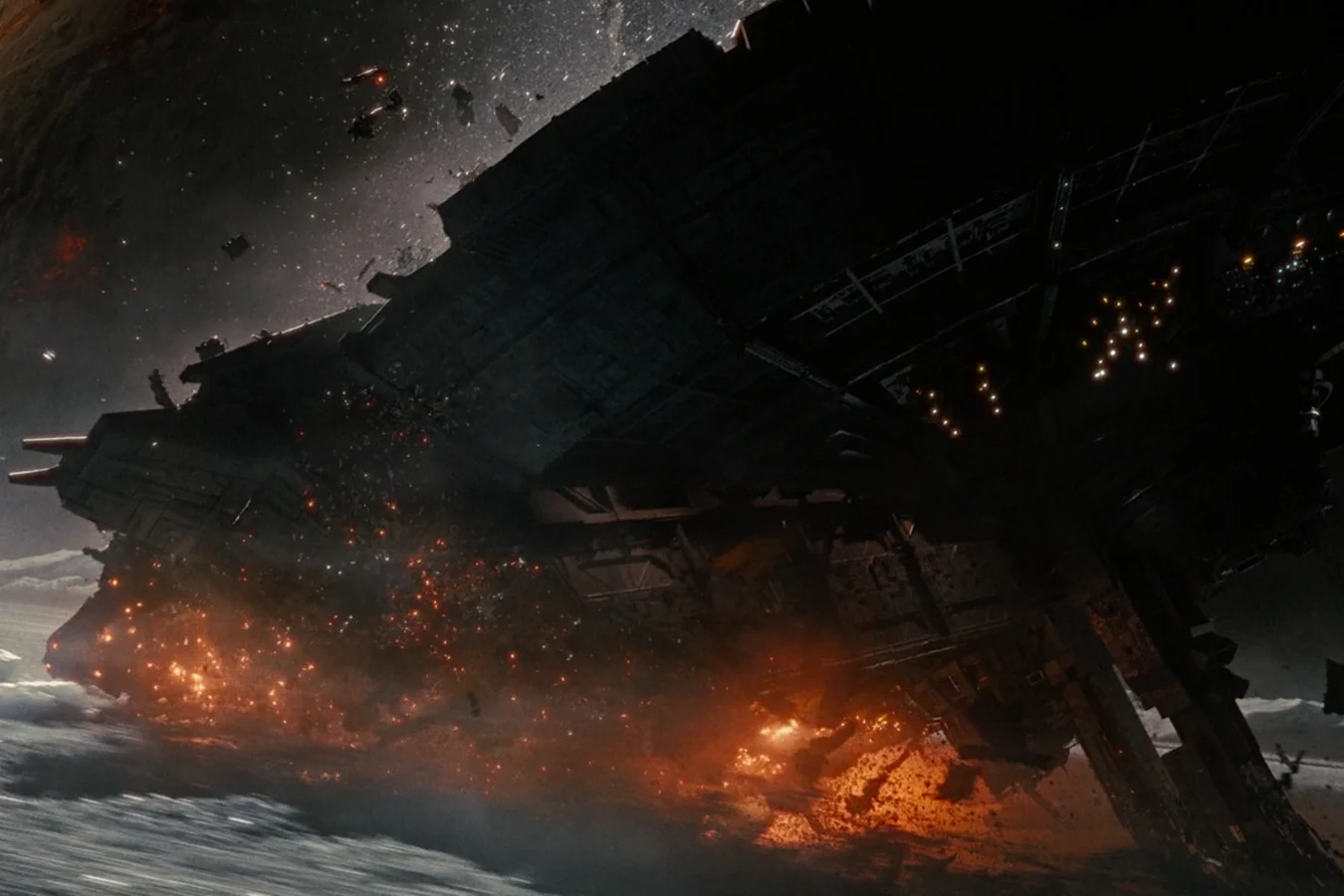 Renaissance Station burning as it crashes into planetary rings