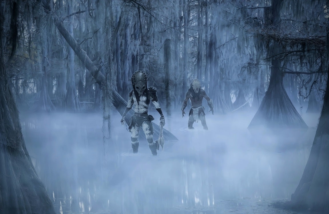 Shaman Predator and Feral Predator together in a swamp by Lucas Powers