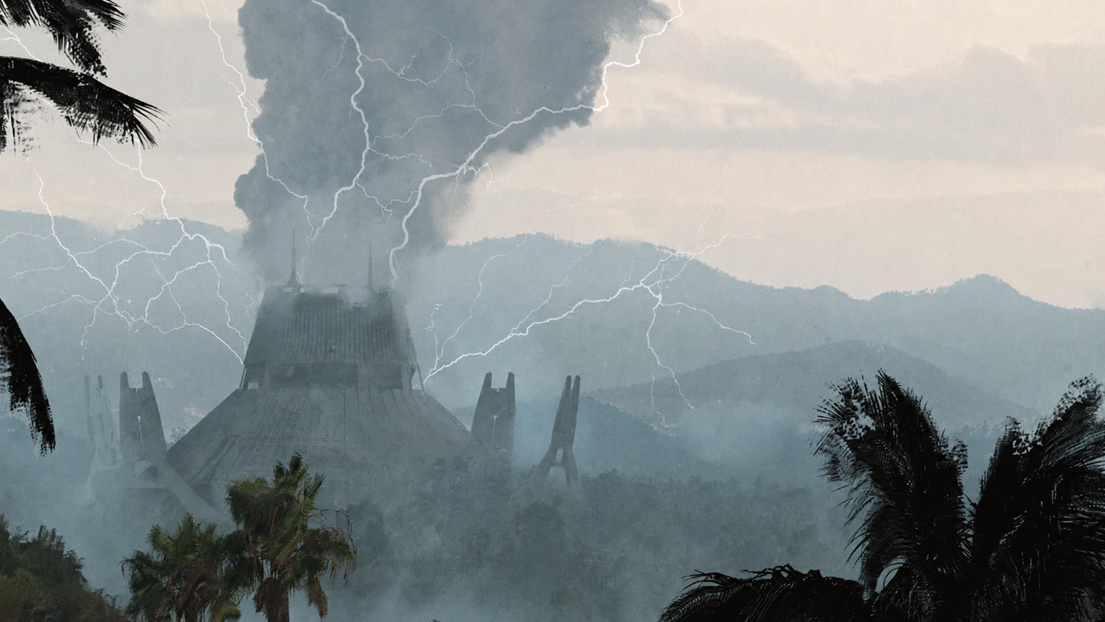 A smoking industrial tower in the rainforest on Shānmén during a lightning storm