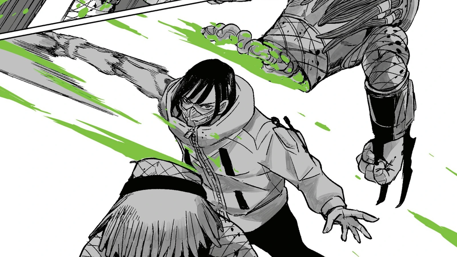 Shoko Kawakami in her hooded jacket and face mask dodging a Young Blood Predator's wristblades as green blood sprays past her