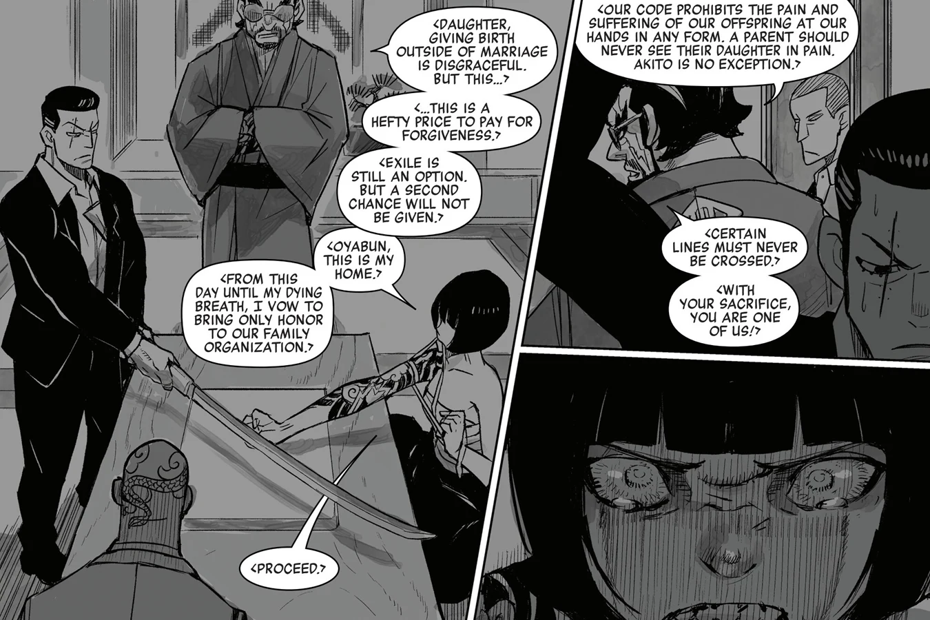 A clan member holding a long sword over the tattooed arm Shoko Kawakami laid across a table in front of the Kawakami-gumi council in Predator: Black, White & Blood #2