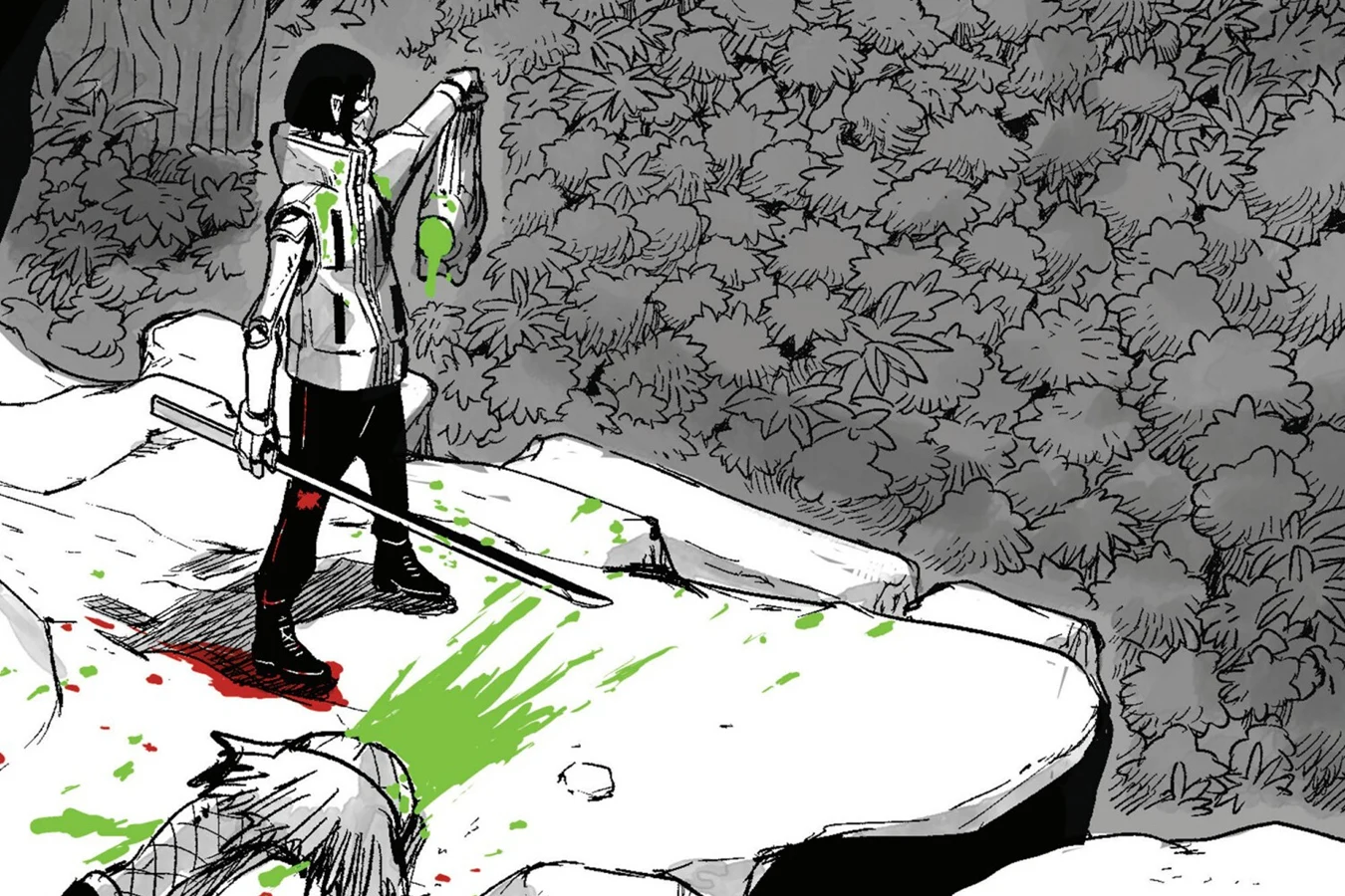 Shoko Kawakami on a rock ledge holding up a severed Yautja head by its hair, with her sword in her mechanical hand and a dead Yautja at her feet in Predator: Black, White & Blood #2