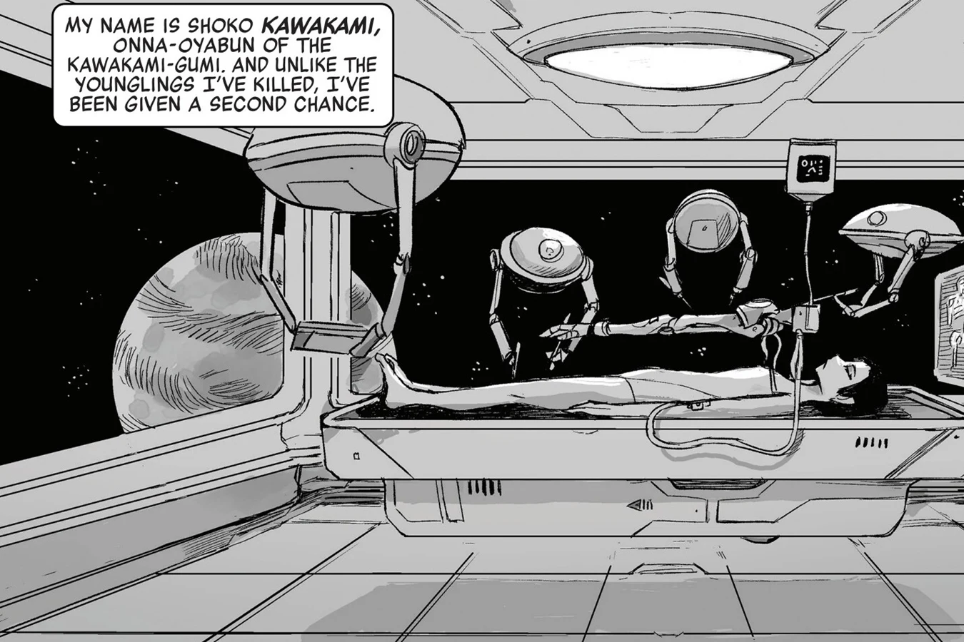 Shoko Kawakami lying on an operating table aboard a spacecraft while robotic arms work over her and a planet shows through the window in Predator: Black, White & Blood #2
