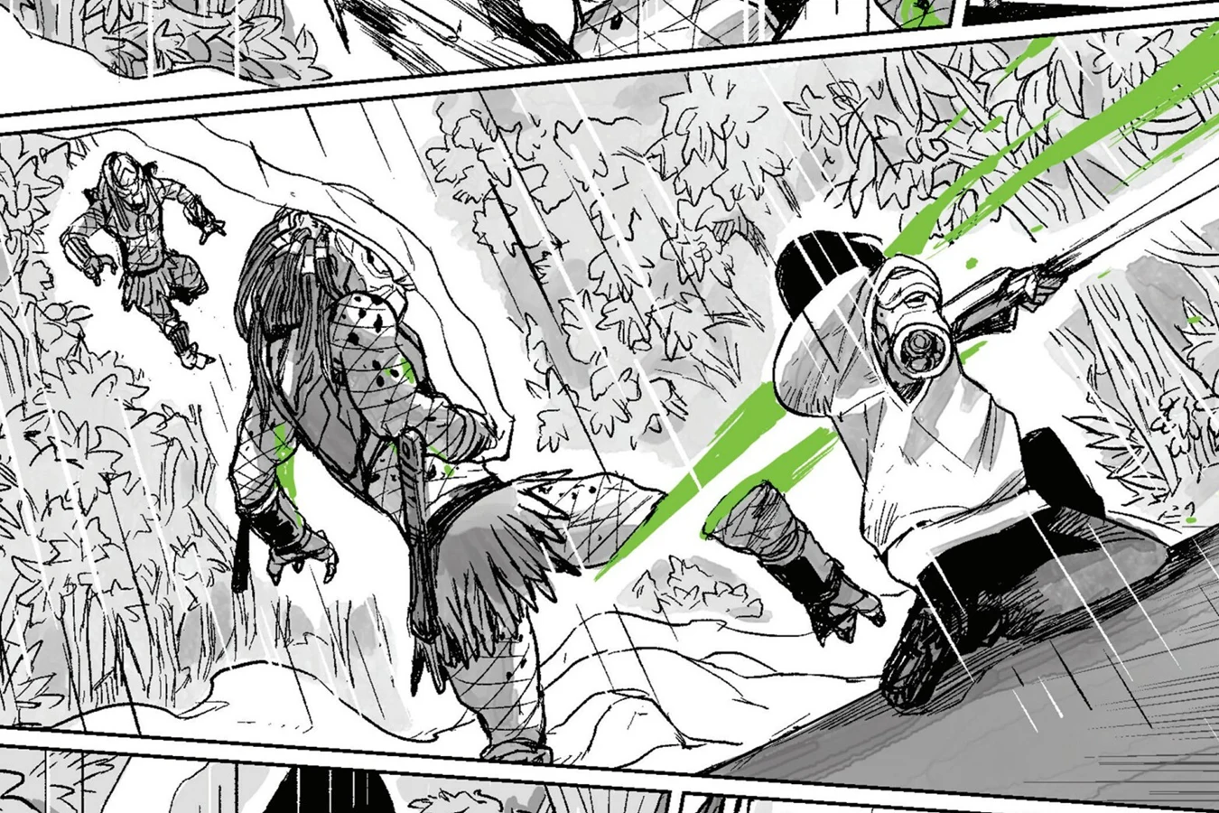Shoko Kawakami cutting a Young Blood Predator across the leg with her sword in the rain as another young hunter watches from the trees in Predator: Black, White & Blood #2