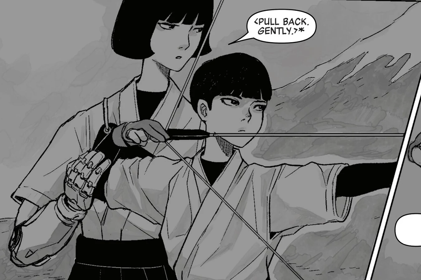 Shoko Kawakami standing behind her son Akito and steadying his bow with her mechanical hand during an archery lesson in Predator: Black, White & Blood #2