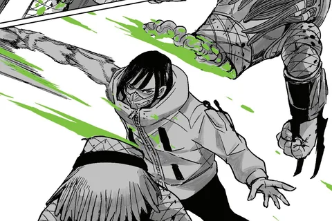 Shoko Kawakami in her hooded jacket and face mask dodging a Young Blood Predator's wristblades as green blood sprays past her