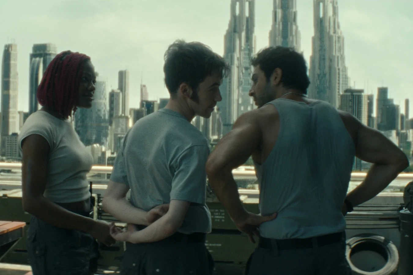 Siberian with Joe Hermit and Rashidi on the rooftop of the Prodigy tactical headquarters in Alien: Earth