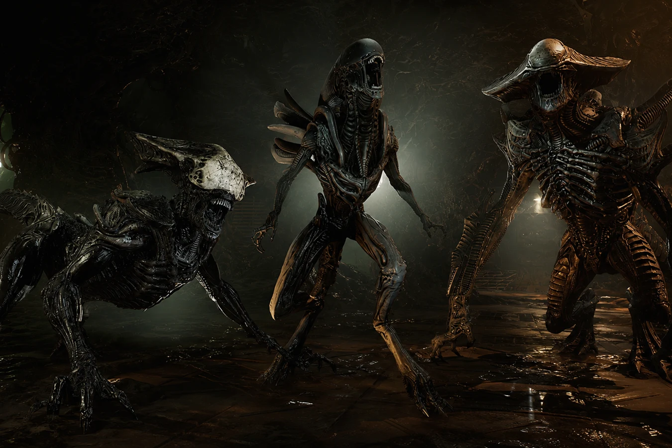 Siren Xenomorph standing between two crested Xenomorphs in a hive in Aliens Fireteam Elite 2