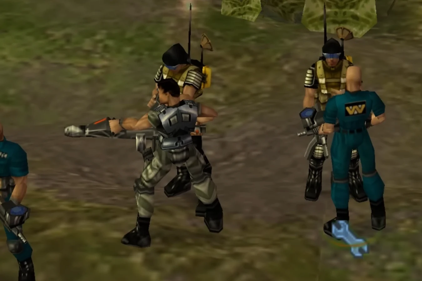 A Colonial Marine Smartgunner carrying the M57 Smartgun beside Weyland-Yutani staff in Aliens vs. Predator: Extinction