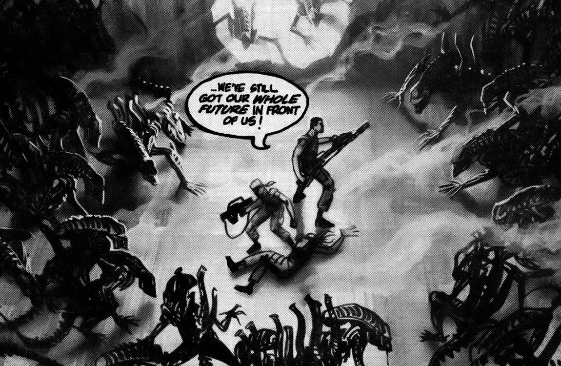 Private Phil Sandberg using a smartgun in Aliens: Countdown