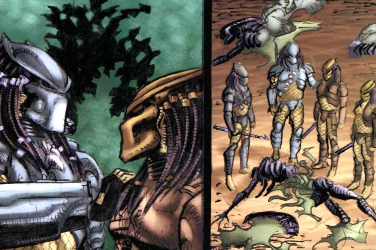 A clan member rests a hand on Smiley's shoulder above dead Xenomorphs