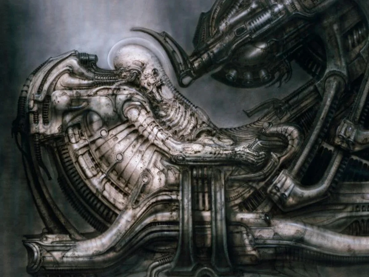 H.R. Giger artwork of the Space Jockey fused to the derelict chair