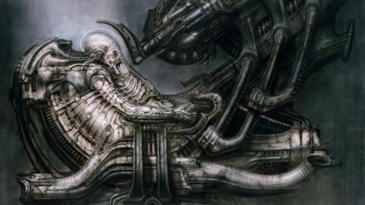 H.R. Giger's original Space Jockey artwork showing the mysterious Alien pilot in biomechanical surroundings