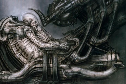 H.R. Giger's original Space Jockey artwork showing the mysterious Alien pilot in biomechanical surroundings