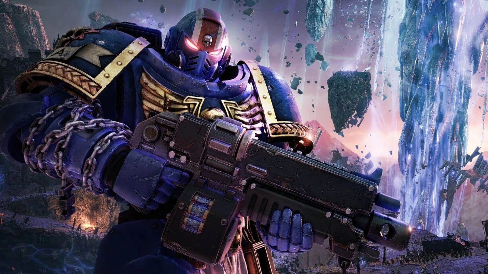 A blue-armoured Ultramarines Space Marine with a chained bolter on a shattered battlefield of floating rocks