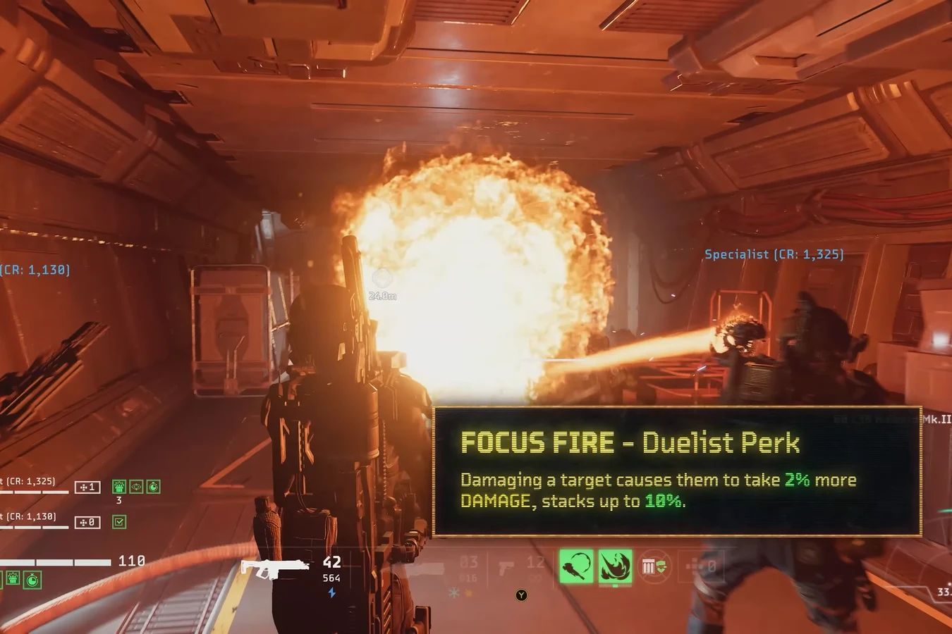 Focus Fire Duelist perk tooltip during Specialist combat in Aliens Fireteam Elite 2