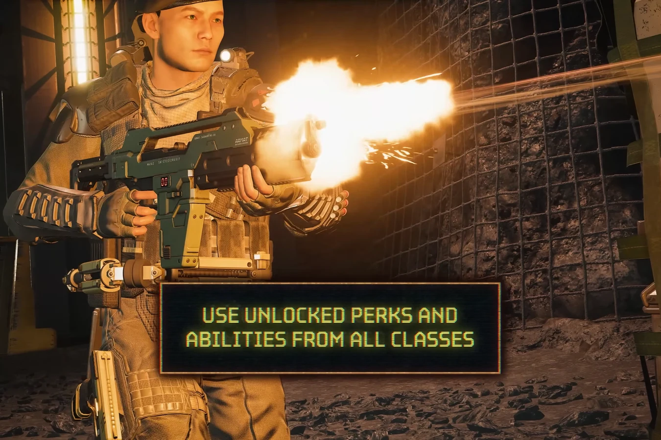 Specialist Marine firing a pulse rifle under the unlocked perks and abilities from all classes overlay