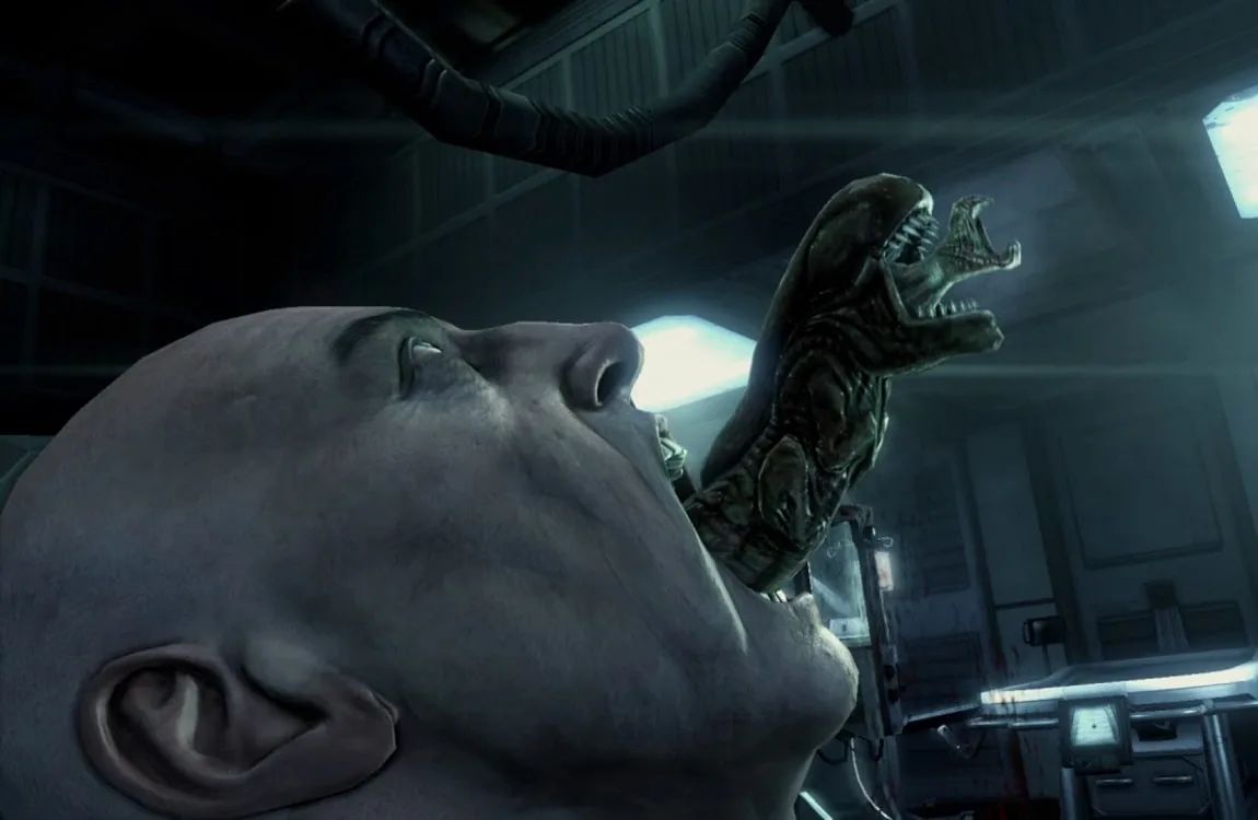 Specimen 6 emerging from her host's mouth in Aliens vs. Predator