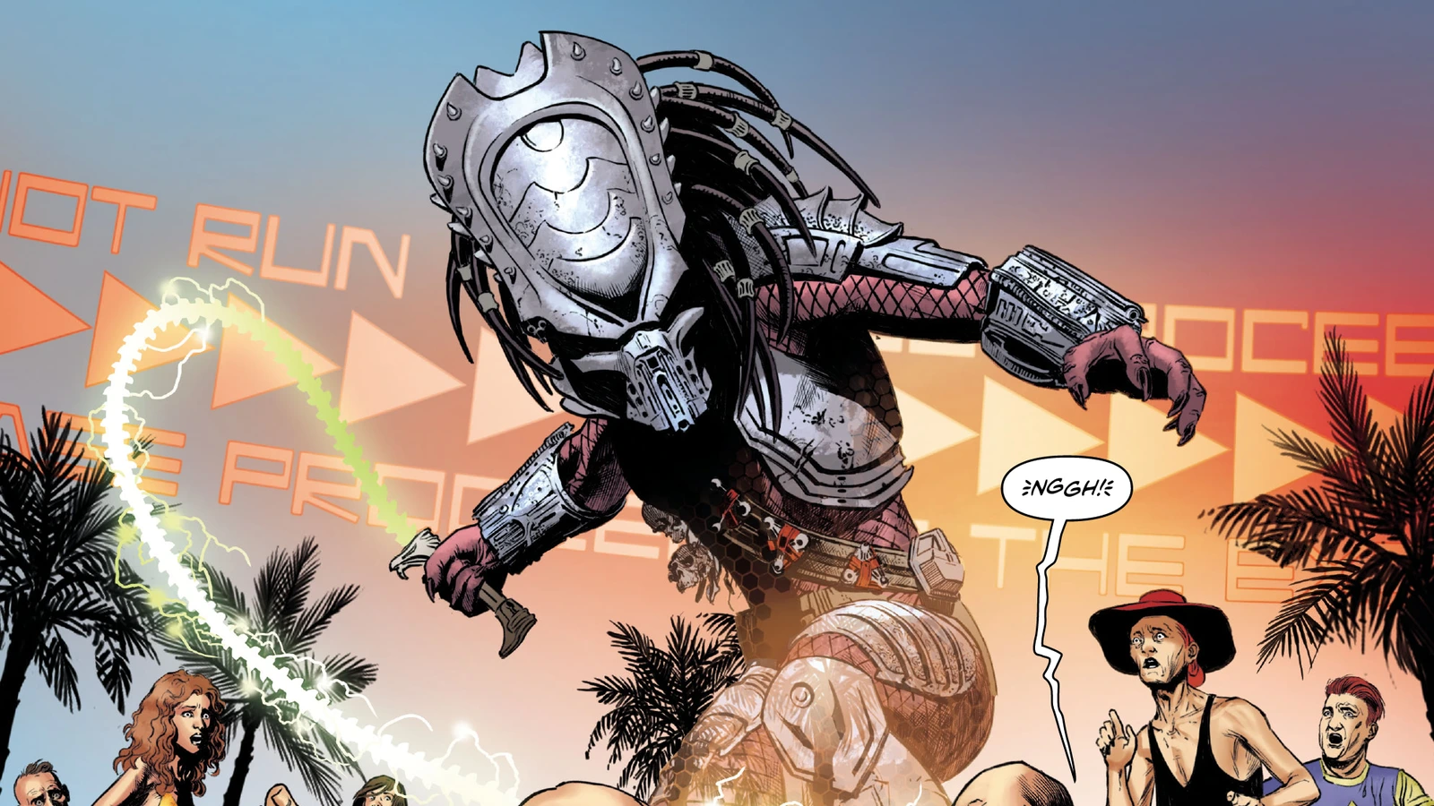 Splitter Predator leaping over the lido beach with his crackling plasma whip as bathers flee in Alien vs. Predator: Thicker Than Blood