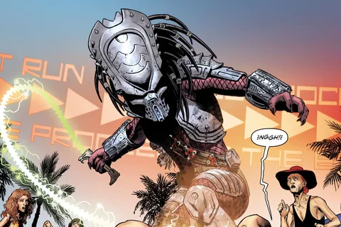 Splitter Predator leaping over the lido beach with his crackling plasma whip as bathers flee in Alien vs. Predator: Thicker Than Blood