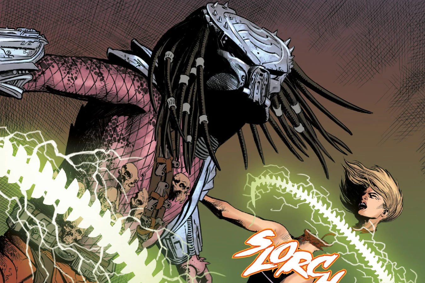 Splitter Predator cracking his glowing plasma whip into a fleeing woman on the lido deck in Alien vs. Predator: Thicker Than Blood