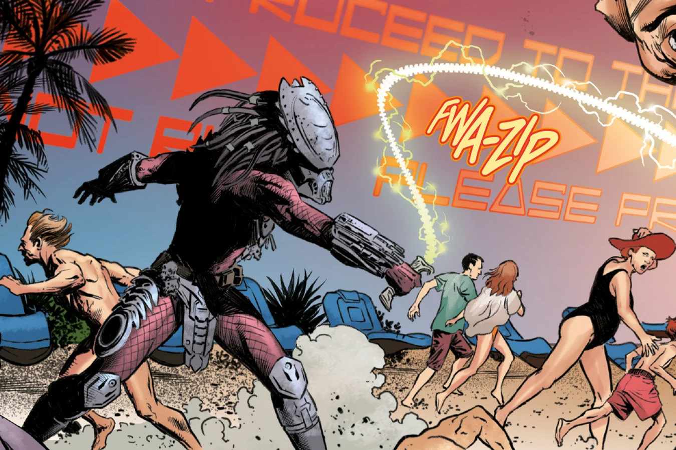 Splitter Predator lashing his plasma whip at panicked tourists running across the holographic lido beach in Alien vs. Predator: Thicker Than Blood