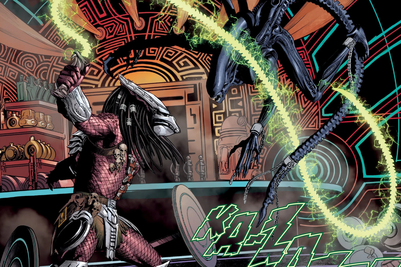 Splitter Predator swinging his crackling plasma whip at the Xenomorph as it lunges across the ornate lounge in Alien vs. Predator: Thicker Than Blood