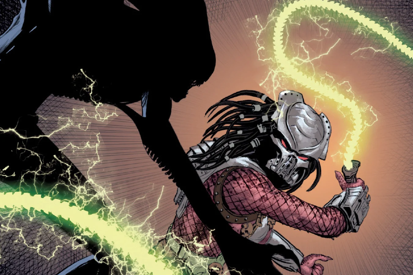 The shadow of the Xenomorph looming over Splitter Predator as he raises his crackling whip in Alien vs. Predator: Thicker Than Blood