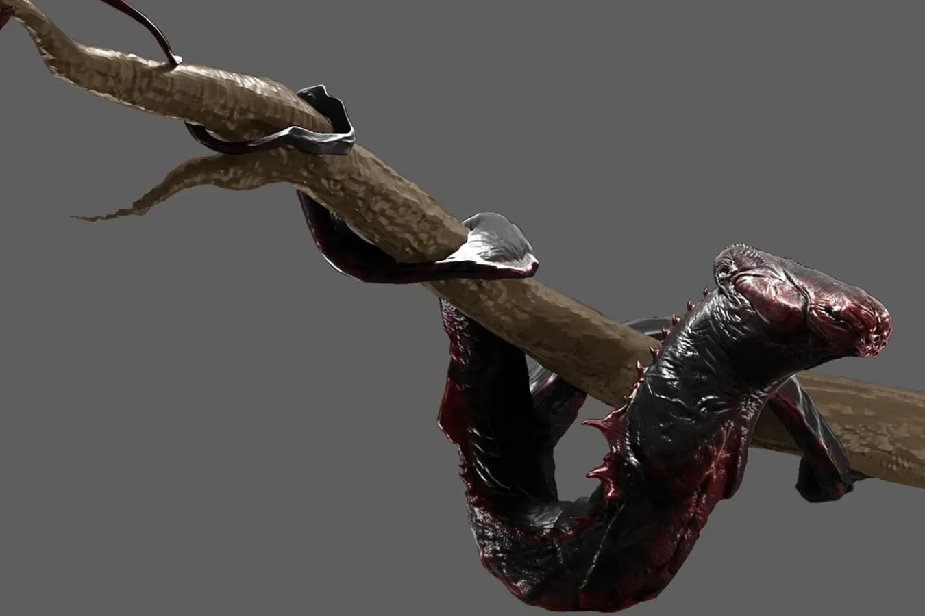 Concept art of a Spray Snake coiled on a branch from Predator: Badlands