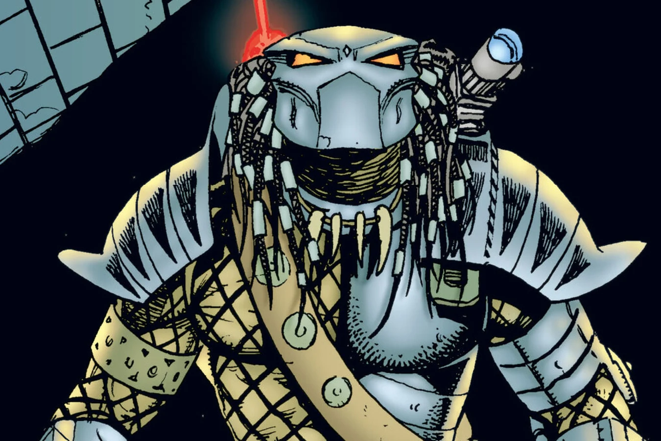 Springheeled Jack in full armor with his shoulder plasma caster in the brick tunnels beneath London, from Predator: Nemesis