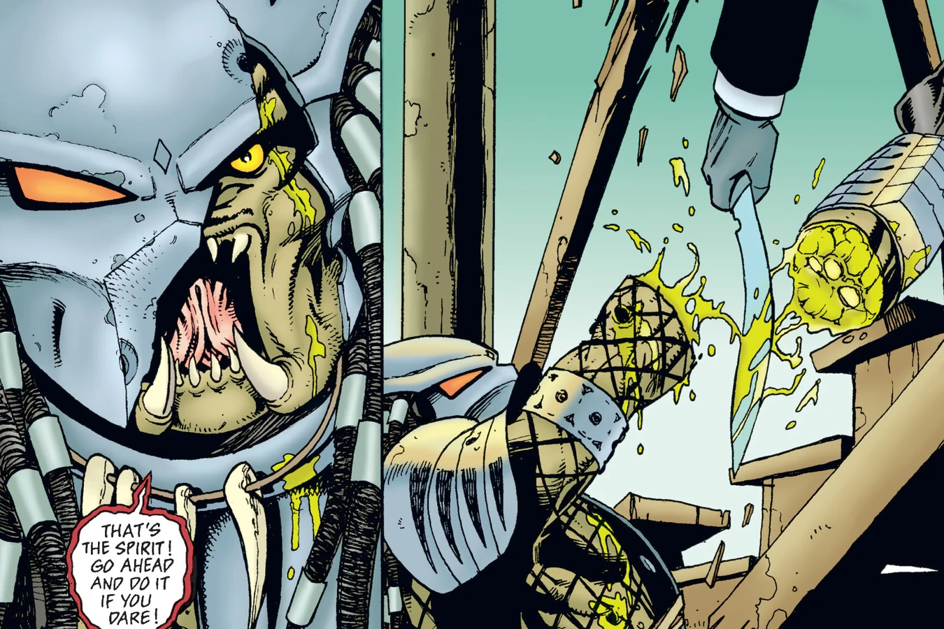 Springheeled Jack's cracked bio-mask leaks yellow blood as Captain Soames finishes the final melee, from Predator: Nemesis
