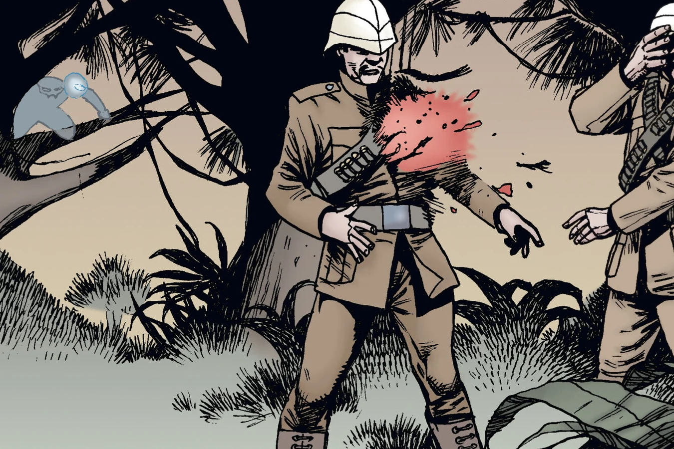 A cloaked Predator opens fire with a plasma weapon on a colonial hunting party in the Indian jungle, from Predator: Nemesis