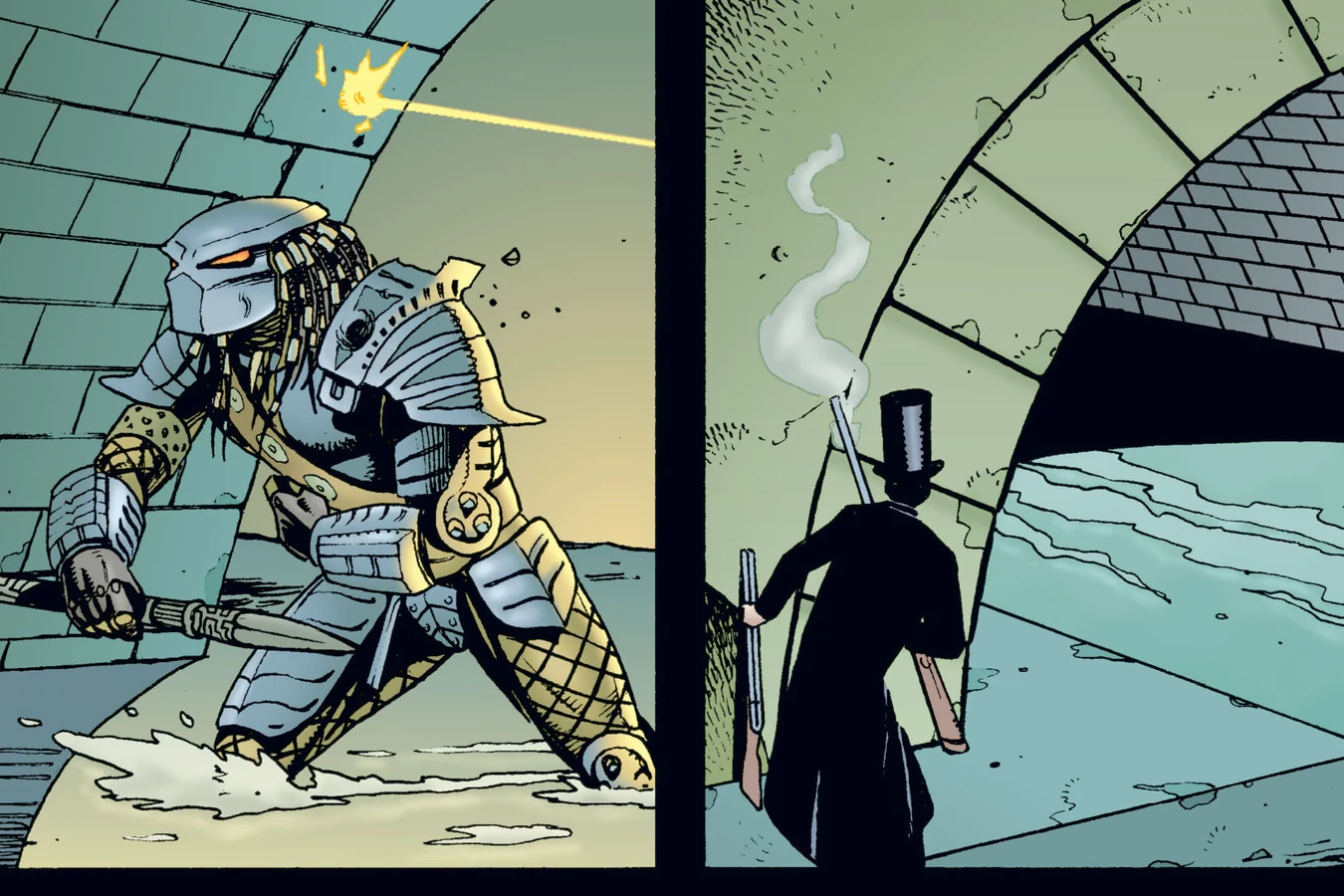 An armored Predator with a combistick faces Captain Soames in a London sewer tunnel, from Predator: Nemesis