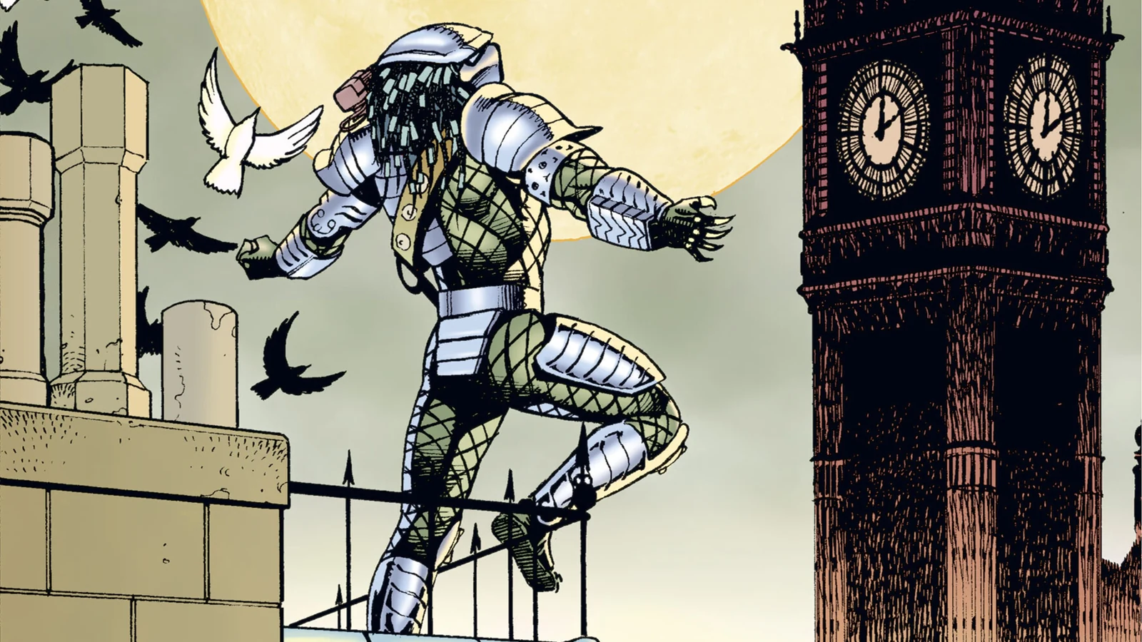Springheeled Jack perched above Victorian London with Big Ben and a full moon in Predator: Nemesis