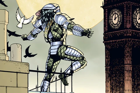 Springheeled Jack perched above Victorian London with Big Ben and a full moon in Predator: Nemesis