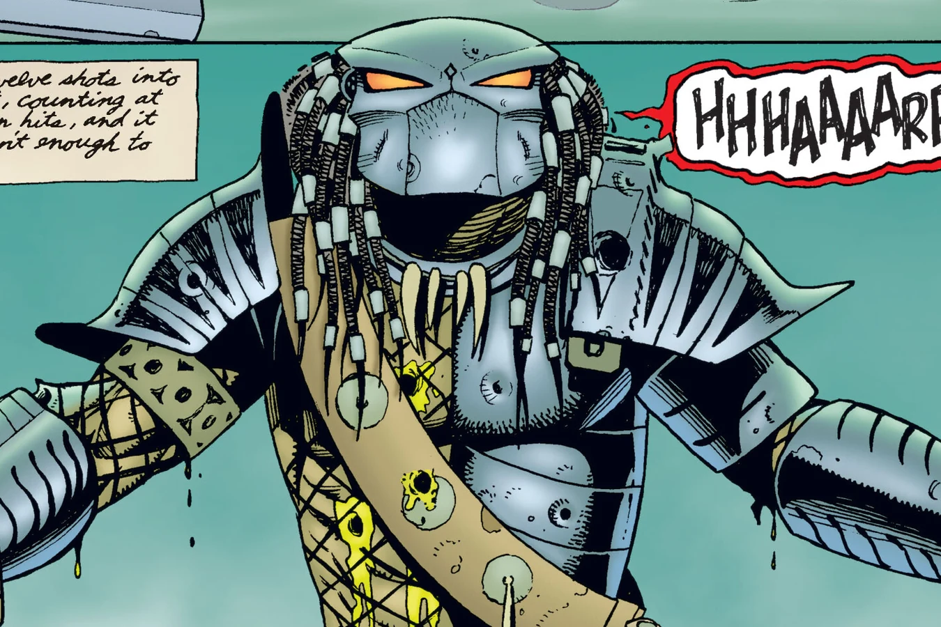 A wounded Springheeled Jack with yellow blood on his armor roars after being shot, from Predator: Nemesis