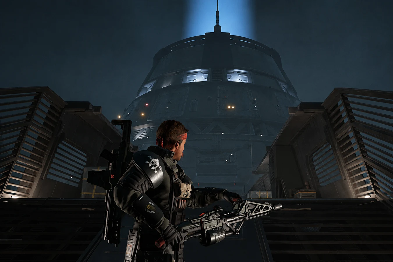 Atmosphere processor over Storr's Boon with a blue column of light in Aliens Fireteam Elite 2