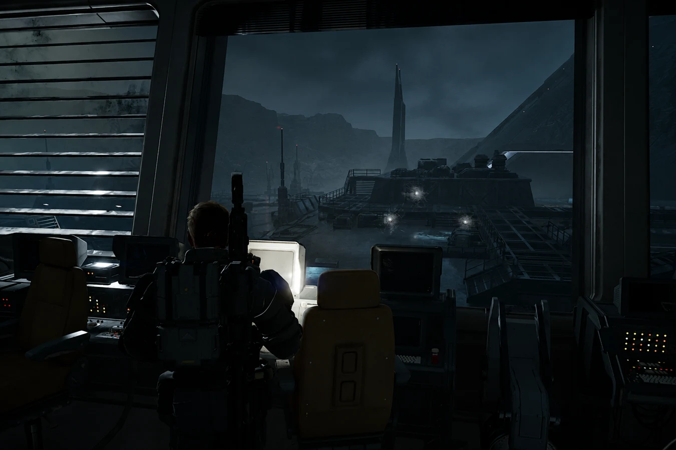 Operations window looking out on the Storr's Boon colony yards in Aliens Fireteam Elite 2