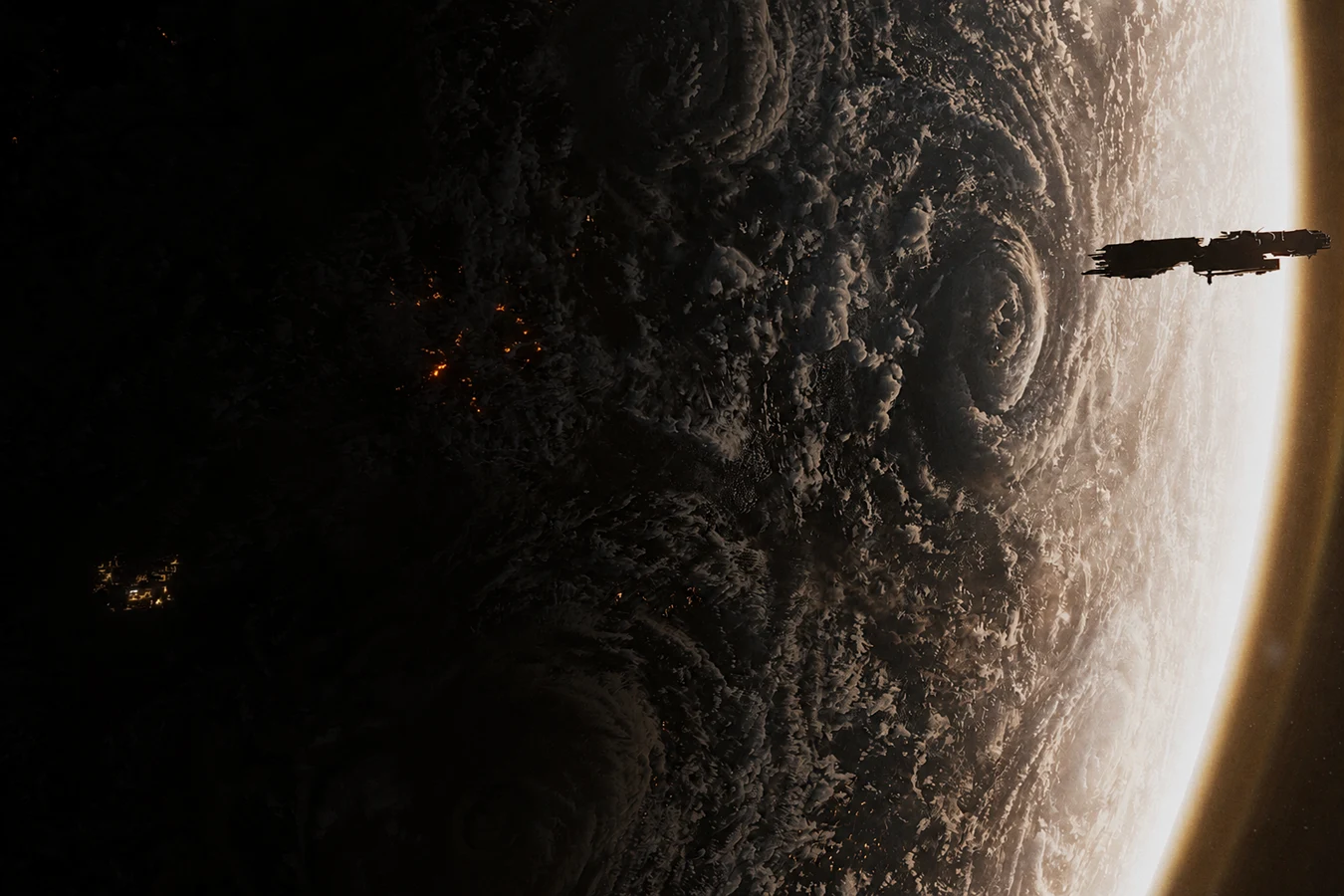 LV-558 from orbit with night-side colony lights and a ship on the limb in Aliens Fireteam Elite 2