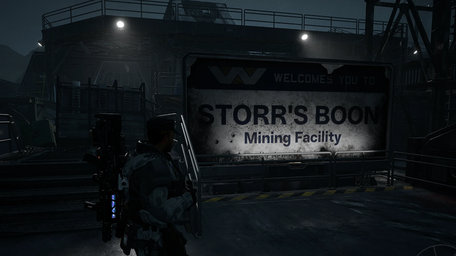 Weyland-Yutani welcome sign at Storr's Boon mining facility in Aliens Fireteam Elite 2