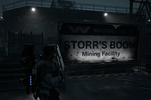 Weyland-Yutani welcome sign at Storr's Boon mining facility in Aliens Fireteam Elite 2