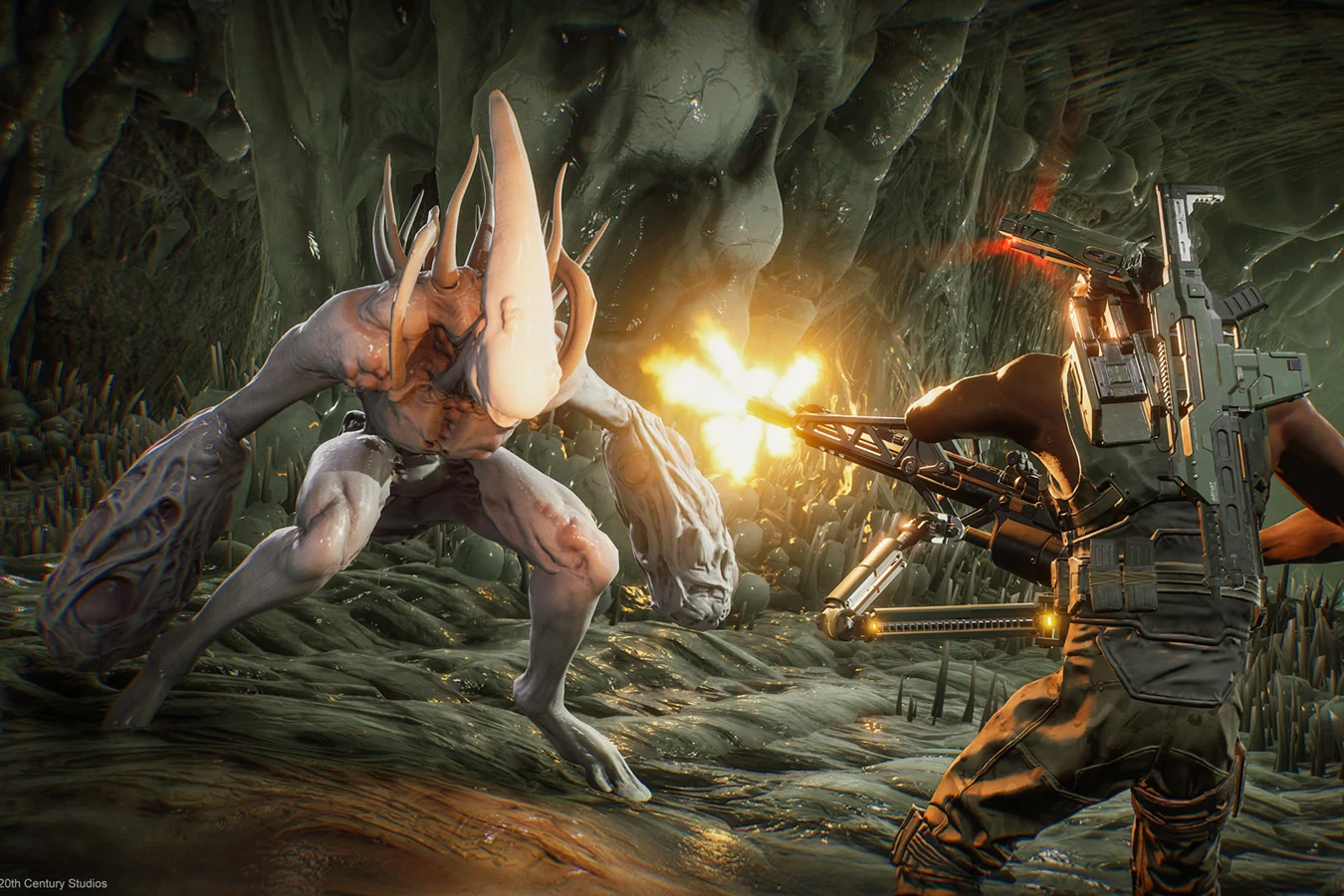 A Colonial Marine firing a Smartgun at a Pathogen Brute in the Fireteam Elite Pathogen hive