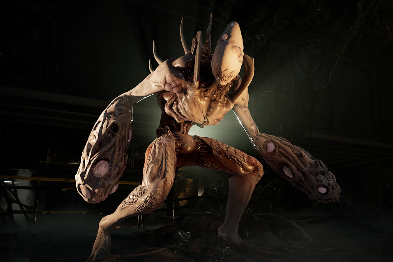 A Striker standing in fog with club arms and back quills in Aliens Fireteam Elite 2