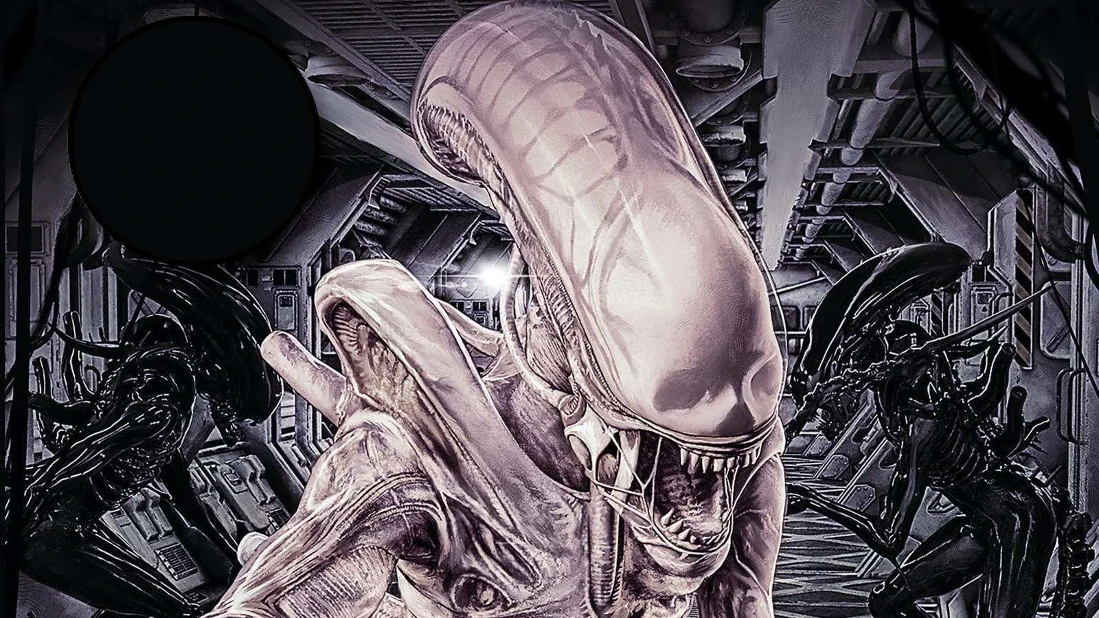 Pale Subject Seven Xenomorph with a translucent dome, flanked by two dark drones in a station corridor